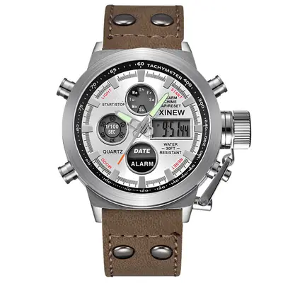 Men's Black Leather Dual Time Sports Watch with Digital Display