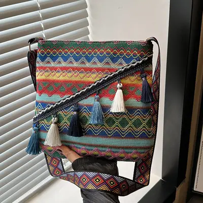 Large Capacity Ethnic Woven Shoulder Bag for Women