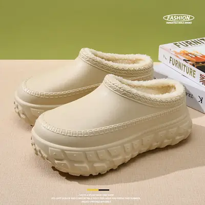 Women's Winter Thick-Soled Plush Slippers with Fleece Lining, Thickened Cotton Slippers with Tire Soles, Non-Slip, Wear-Resistant, Height-Increasing, Closed-Back, Warm Cotton Shoes