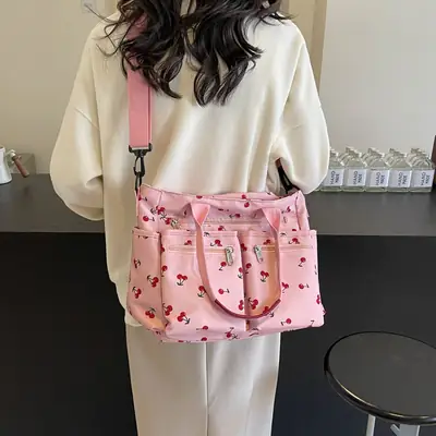Women Printed Tote Bag Black Red Floral Shoulder Crossbody