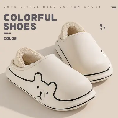 Cute Blue Plush Cotton Slippers for Women Winter Warm