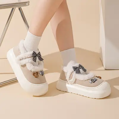 Bow cotton slippers women autumn and winter 2024 new cartoon warm thick bottom wool plush warm moon shoes women