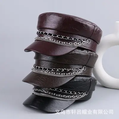 Black PU Leather Chain Cap for Women British Vintage