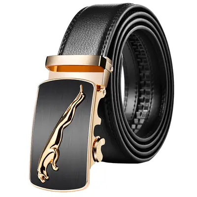 Men's Black Leather Belt with Gold Buckle