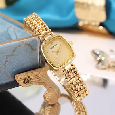 Women's Gold Square Watch with Beaded Belt & Black Dial