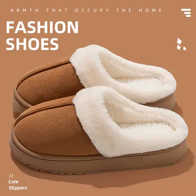 Suede Cotton Slippers Women's Autumn and Winter Indoor Thick Bottom Anti-Slip Office Home Fashion Mao Mao Cotton Slippers