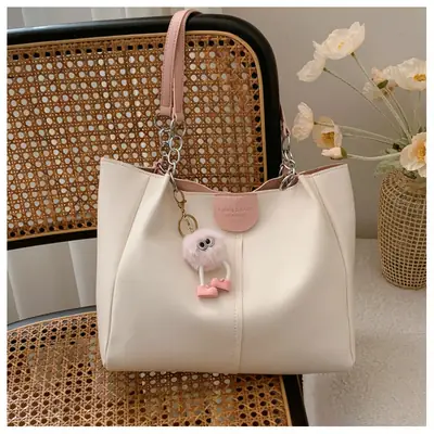Women's 2024 Shoulder Bag with Doll Keychain Beige