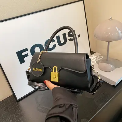 Black Crossbody Bag with Gold Lock for Women 2024