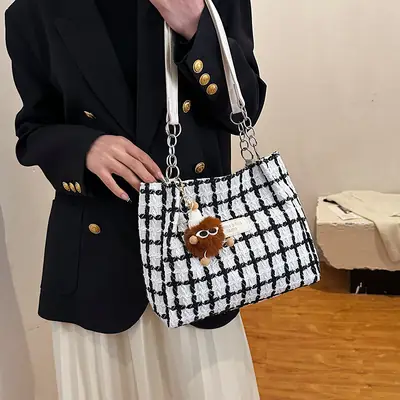 Women Woolen Plaid Shoulder Tote Bag Large Capacity 2024