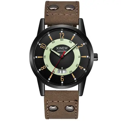 Men Xinew Green Leather Date Quartz Watch