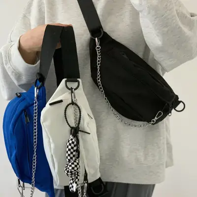 Black Korean Style Crossbody Bag with Chain Detail
