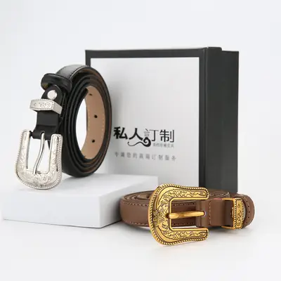 Brown Leather Belt with Gold Buckle for Women