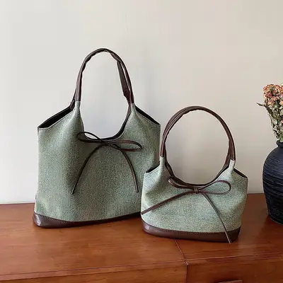 Gray Denim Bow Shoulder Tote Bag 2024