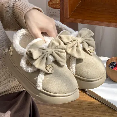 Women's Warm Cotton Slipper with Bow Decor