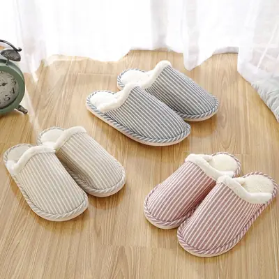 Autumn and Winter Home Cotton Slippers Indoor Men and Women Couple Stripesd Plush Warm Thick Bottom Floor Guest Slippers