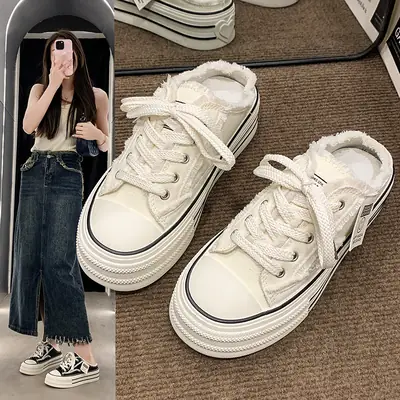 Baotou Canvas Half Slippers Women's Summer Outer Wear 2024 New Thick Bottom Increased Casual Lace-up Lazy White Sandals and Slippers