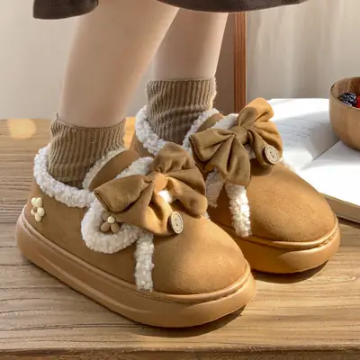 Women Winter Bow Full Heeled Fleece Shoes Black