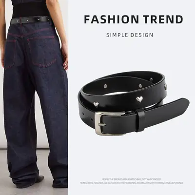 Black Genuine Leather Belt with Vintage Heart Pin Buckle for Women