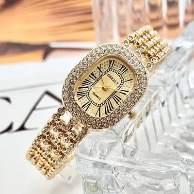 Gold Diamond Studded Women's Watch with Roman Numeral