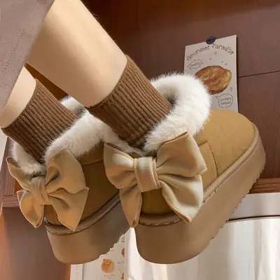 Women's Fleece Full Heel Snow Boots with Bow