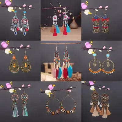 Bohemian Turquoise Earrings European and American Retro Owl Geometric Dreamcatcher Feather Tassel Earrings Women