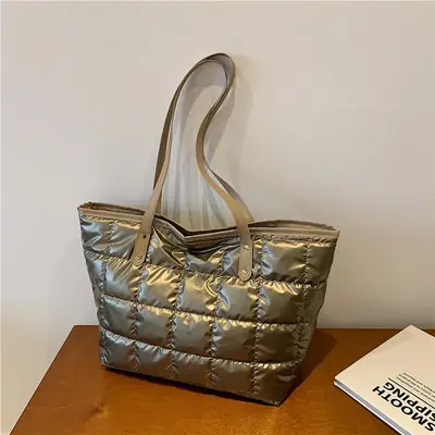 Gold Quilted Women's Shoulder Tote Bag with Double Handles