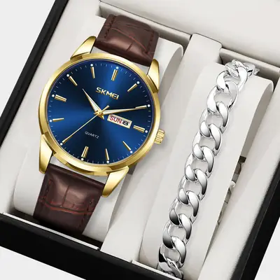 Men's Waterproof Luminous Quartz Watch Belt Silver Brown