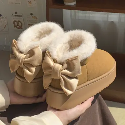 High-Looking Bow-Knot Bag and Cotton Boots for Women at Home in Winter, Fleece-Lined to Heattech and Versatile, Student Outer Cotton Boots