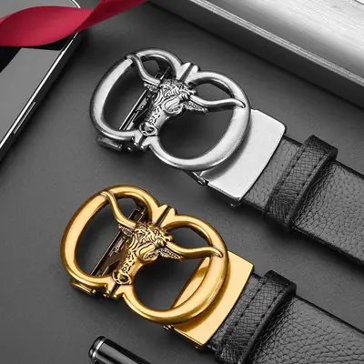 Men's Genuine Leather Belt with Gold Bull Head Buckle