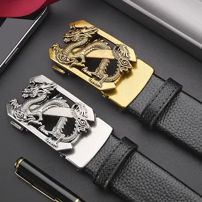 Men's Dragon Buckle Leather Belt Black Gold
