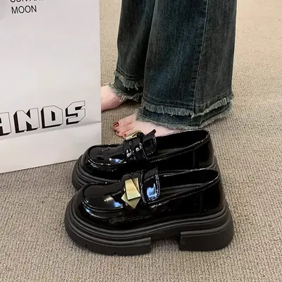 Black Thick Leather Loafers for Women 2025 Spring