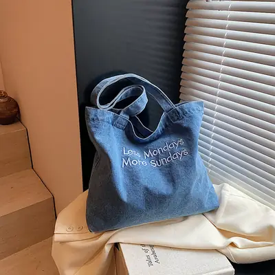 Retro Denim Shoulder Tote with "Love Manders Moon's Sundays" Embroidery