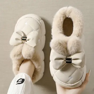 Women's Winter Bow Slippers Velvet Warm Plus