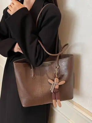 Women's Beige Leather Shoulder Bag with Bow Decor