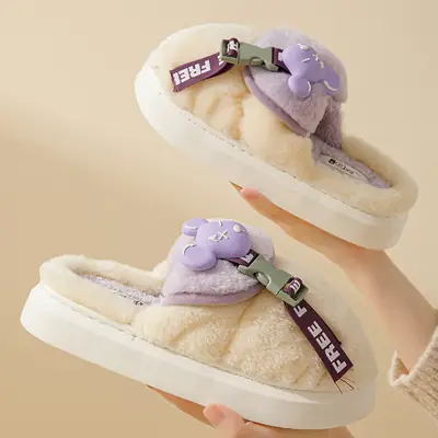 2024 Cartoon Fleece Slippers Women Orange Winter Warm