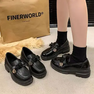 Black French Style Thick Leather Loafers for Women