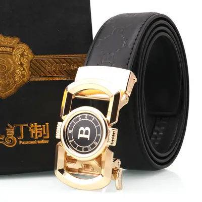 Hongsheng Leather Belt Black Gold Automatic Buckle