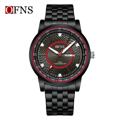 OFNS Men's Black Cross-Branded Quartz Watch with Red Dial