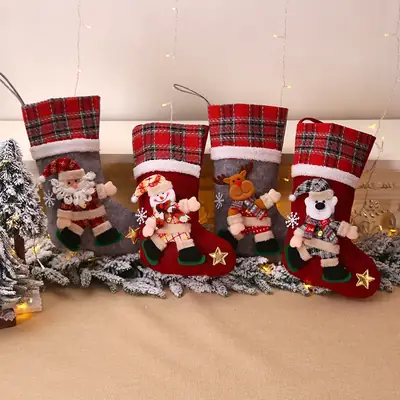 Christmas Plaid Stocking Set for Kids Gift Bag