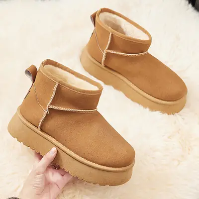 Women's Fleece Lined Snow Boots Tan Thick Sole