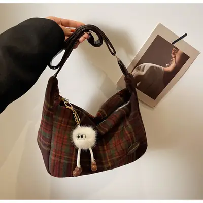 Korean Woolen Crossbody Bag Brown Checkered Women