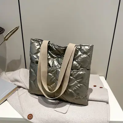 2024 Cotton Padded Shoulder Tote Bag Solid Color