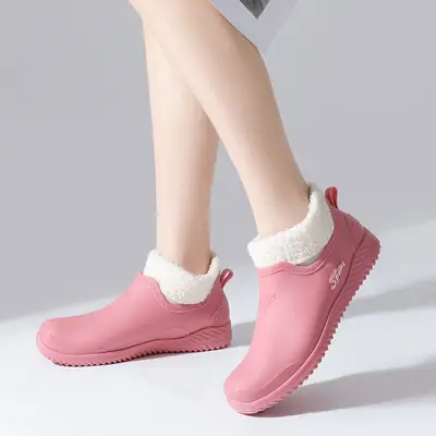Women's Rain Boots, Shallow Mouth, Fashionable, Trendy, Low-Cut, Fleece-Lined, Warm, Short Tube, Non-Slip, Waterproof, Rubber Shoes, Dropshipping, Foot-Warming, Low Heel