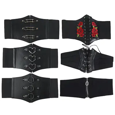 Women's Black Floral Elastic Waist Belt with Lace Up