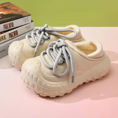 Women Cotton Slipper Waterproof Cream Thick Sole