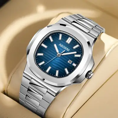 Men's Blue Dial Quartz Watch with Stainless Steel Band