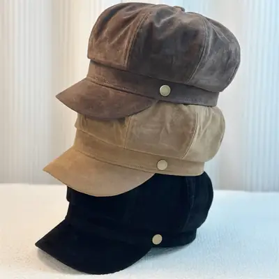 Women's Brown Flocking Cap Autumn Winter Retro Beret