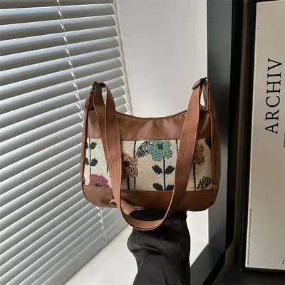 Western-style PU Stitching Canvas Shoulder Bag with Floral Print