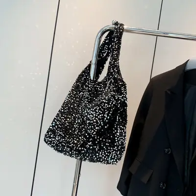 Black Sequin One-shoulder Commuter Bag for Women