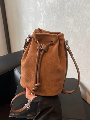 Women's Suede Drawstring Bucket Bag Brown 2024